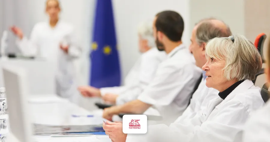 Γιατροί με λευκές μπλούζες σε ιατρικό συνέδριο, σημαία ΕΕ στο βάθος — Αστική Ευθύνη Ιατρών